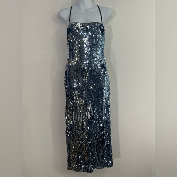 Dress The‎ Population S Cosmopolitan Blue Silver Metallic Spaghetti Strap Dress - Picture 1 of 13
